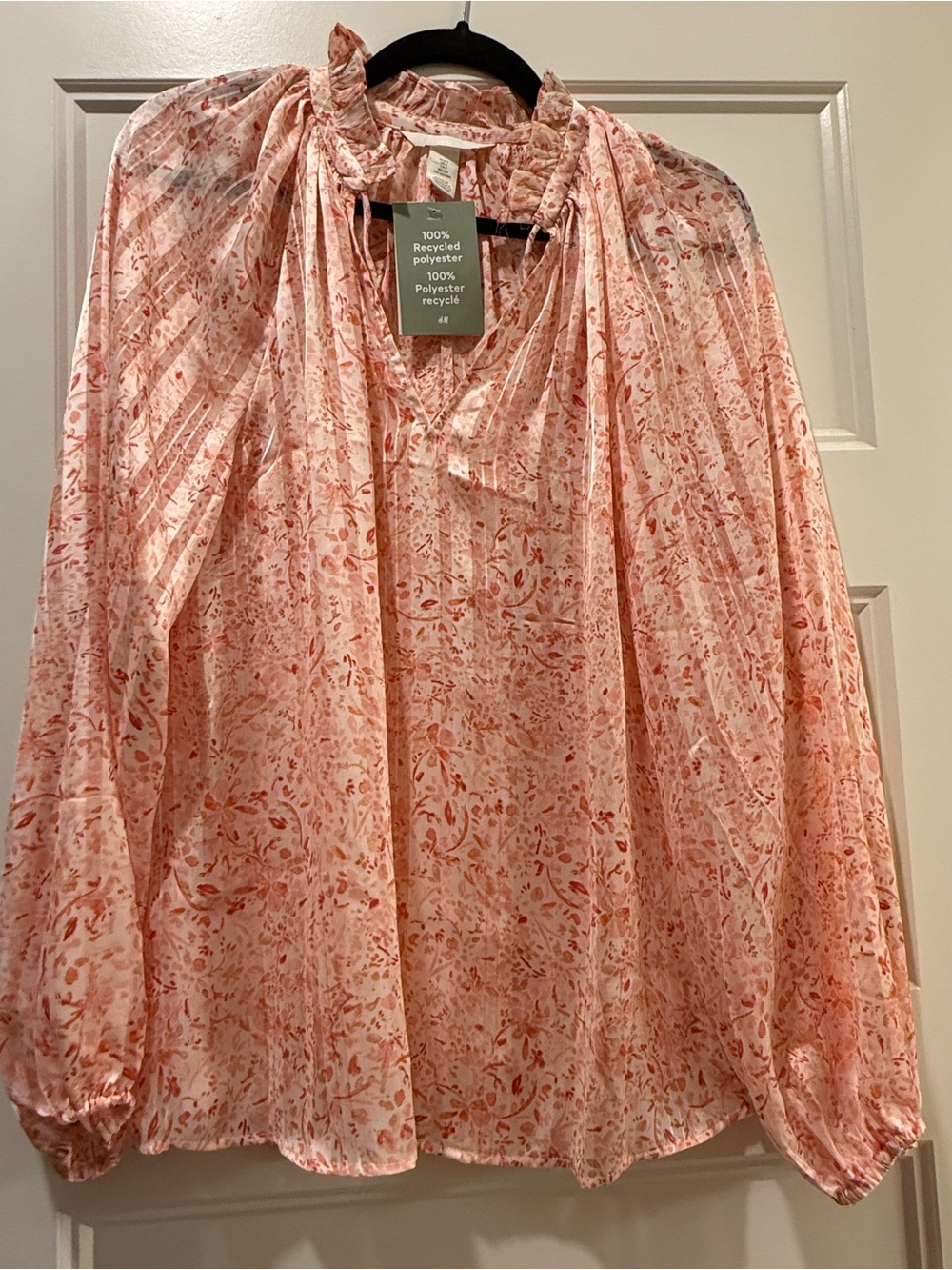H&M Peach Floral Tie-Neck Long Sleeve Blouse